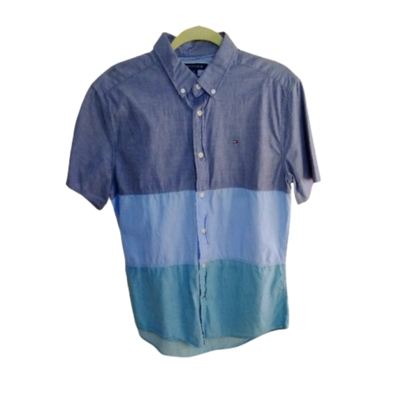 Tommy Hilfiger Blue and Green Colorblock Casual Shirt - Picture 1 of 3